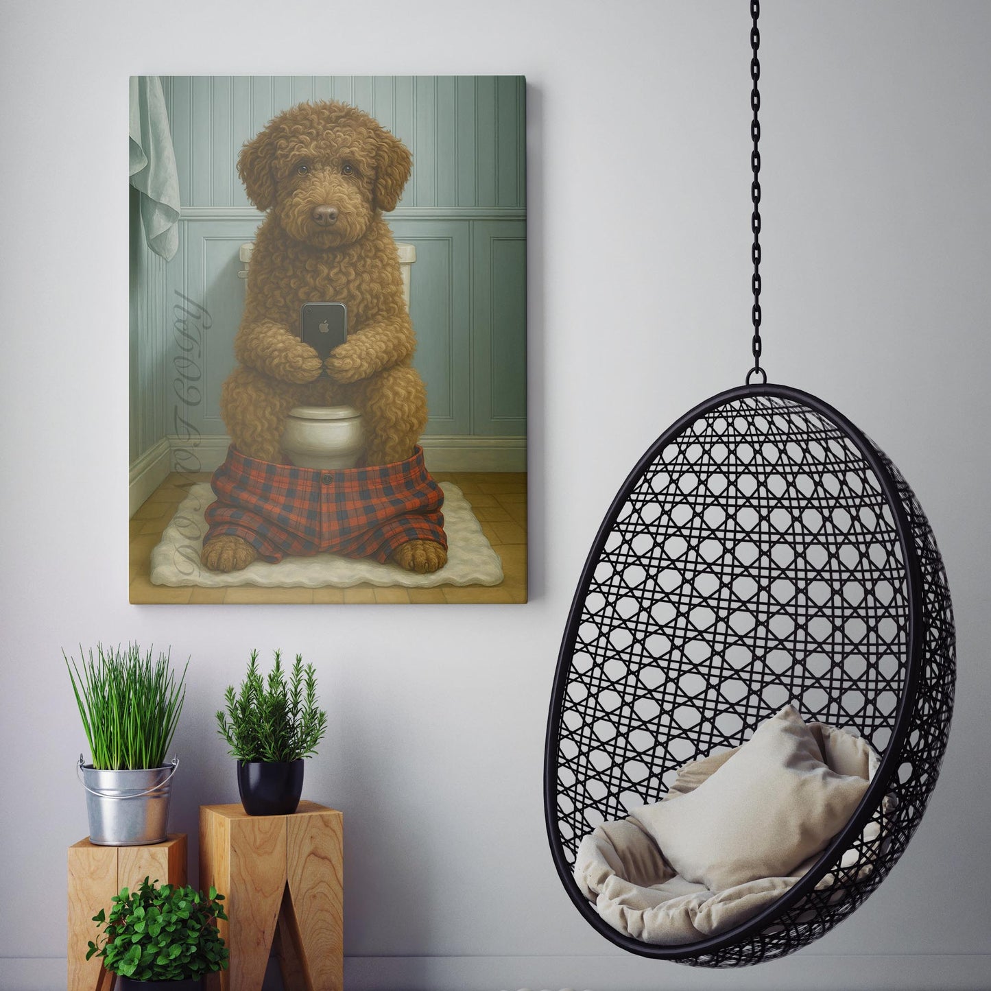Lagotto Romagnolo Dog On The Phone On The Toilet