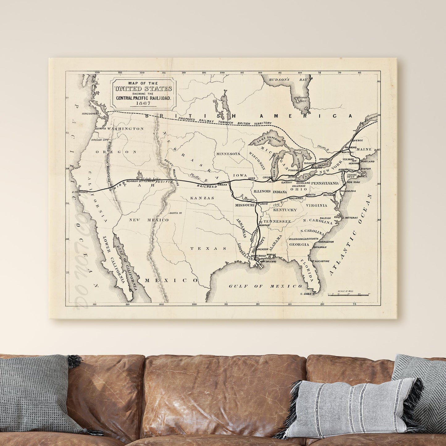 Map of the United States 1867 Central Pacific Railroad