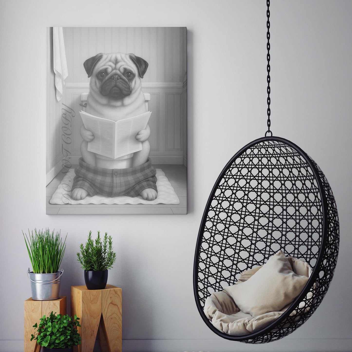 Pug Dog Reading The Newspaper On The Toilet