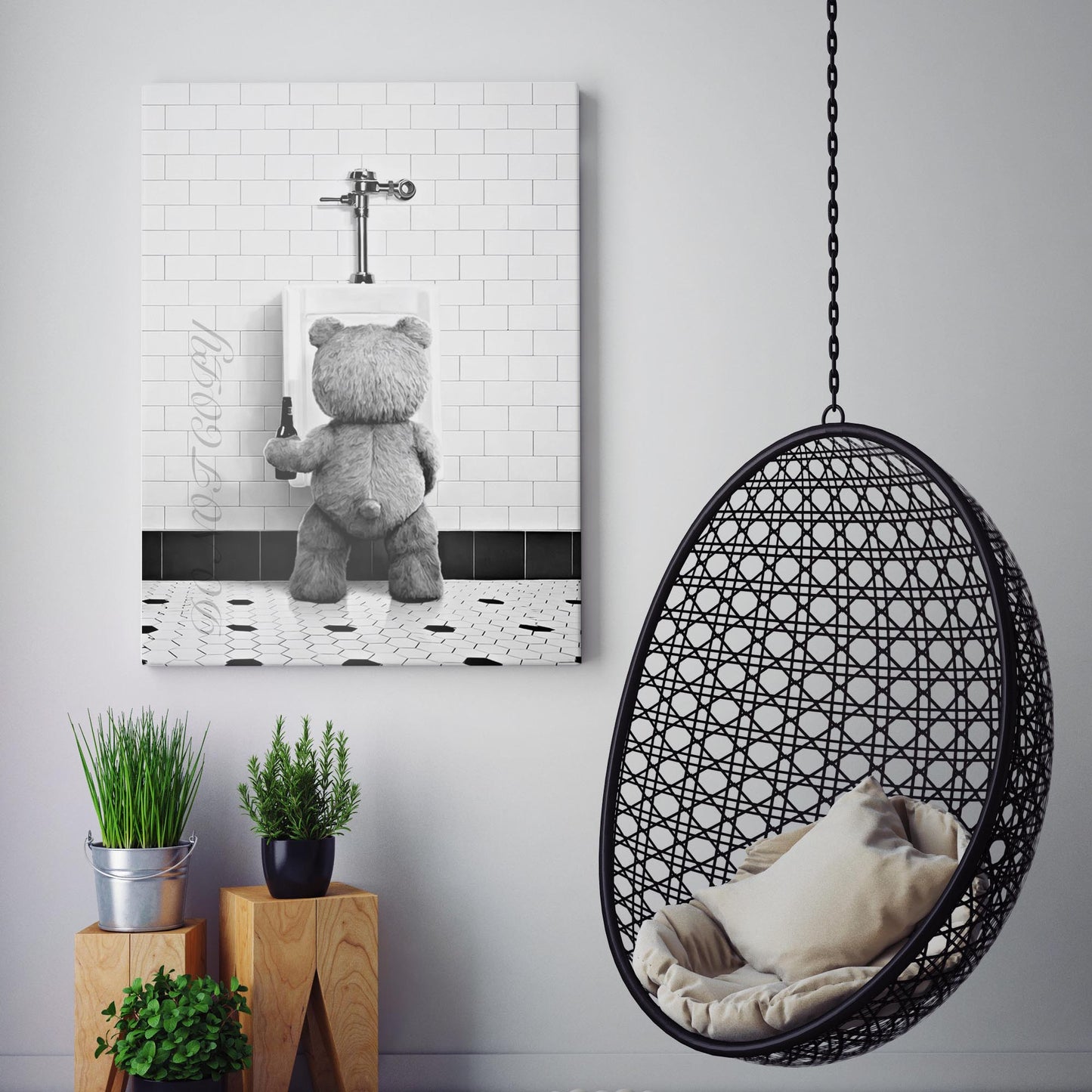 Teddy Bear In The Bathroom With A Beer