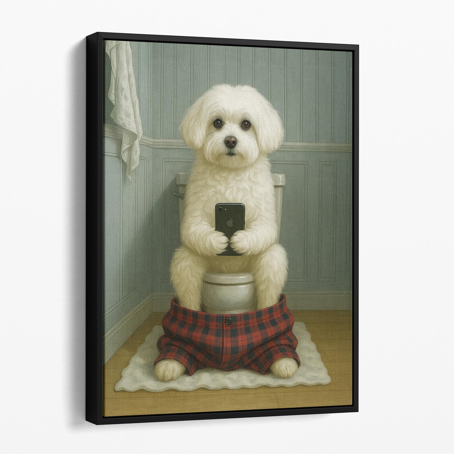 Maltese Dog On The Phone On The Toilet