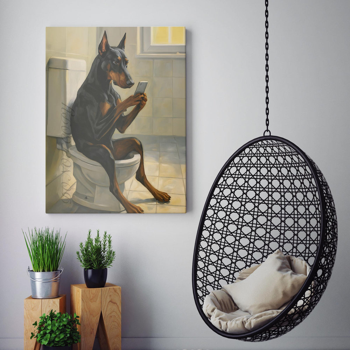 Doberman On The Phone On The Toilet