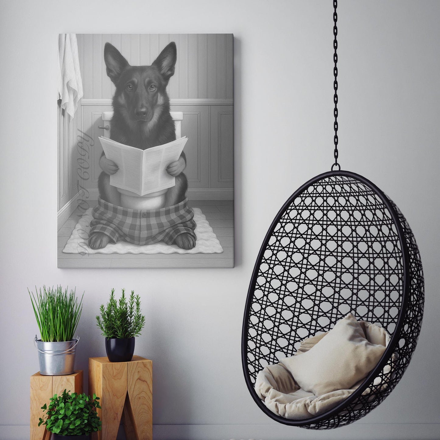 Belgian Shepherd Dog Reading The Newspaper On The Toilet