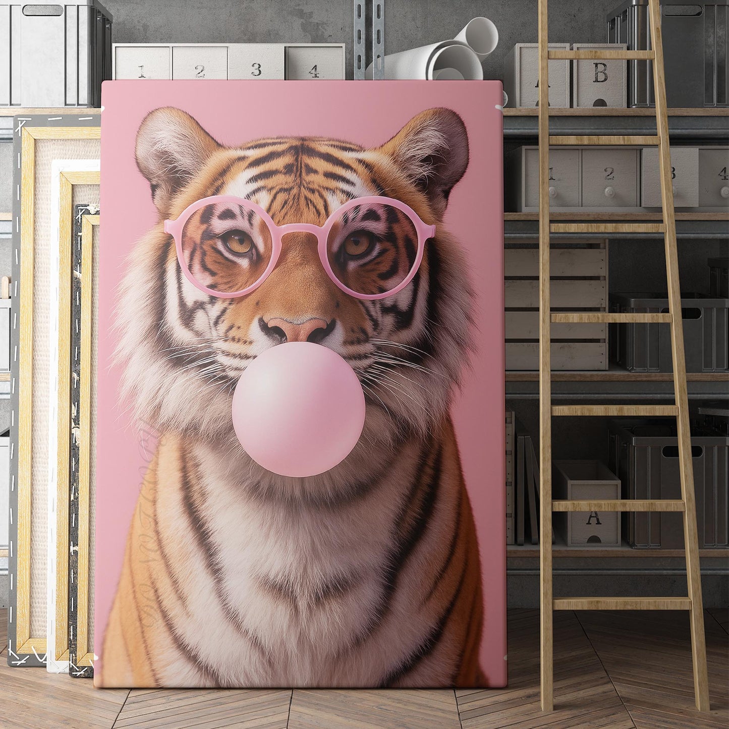 Tiger With Sunglasses Blowing Pink Bubble Gum