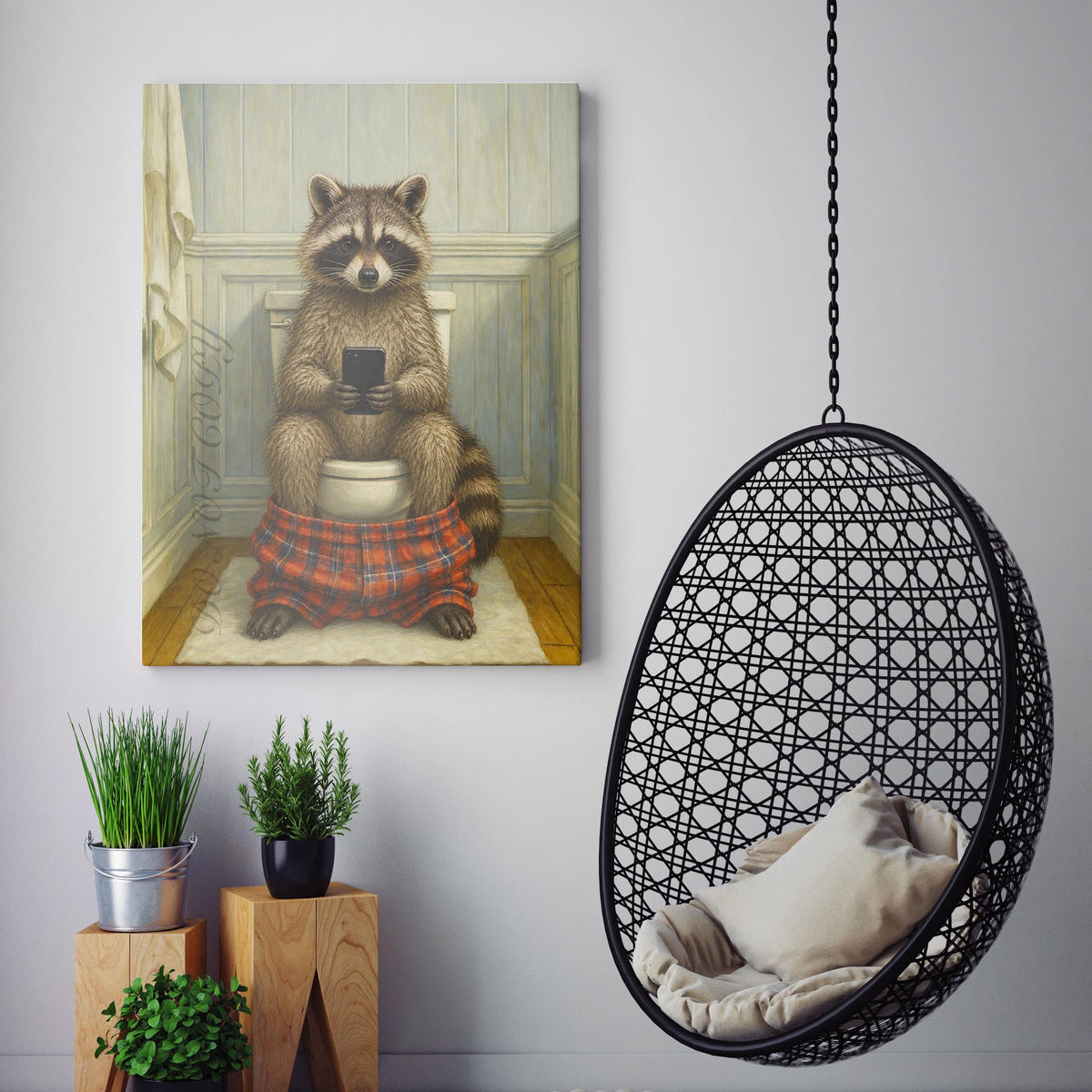 Raccoon On The Phone On The Toilet
