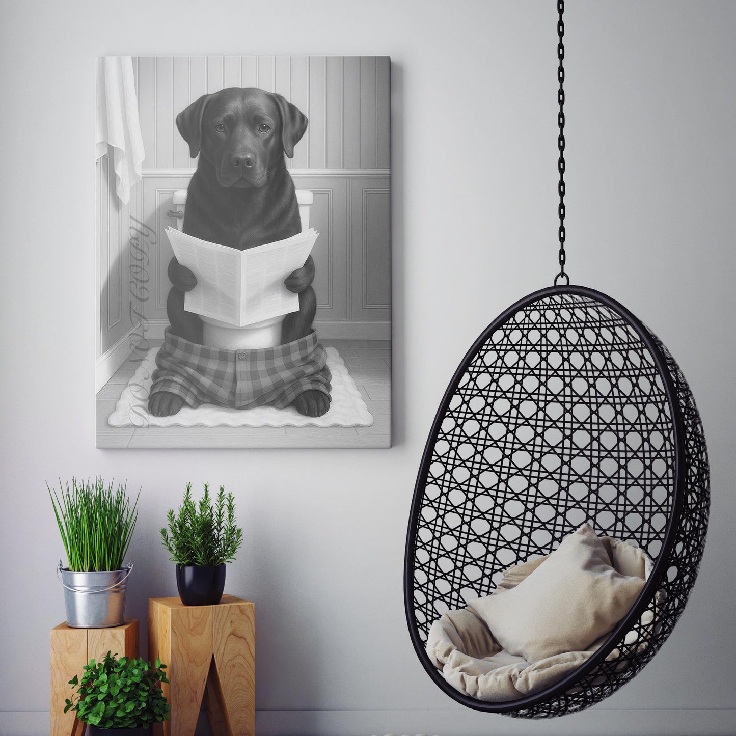 Black Labrador Dog Reading The Newspaper On The Toilet