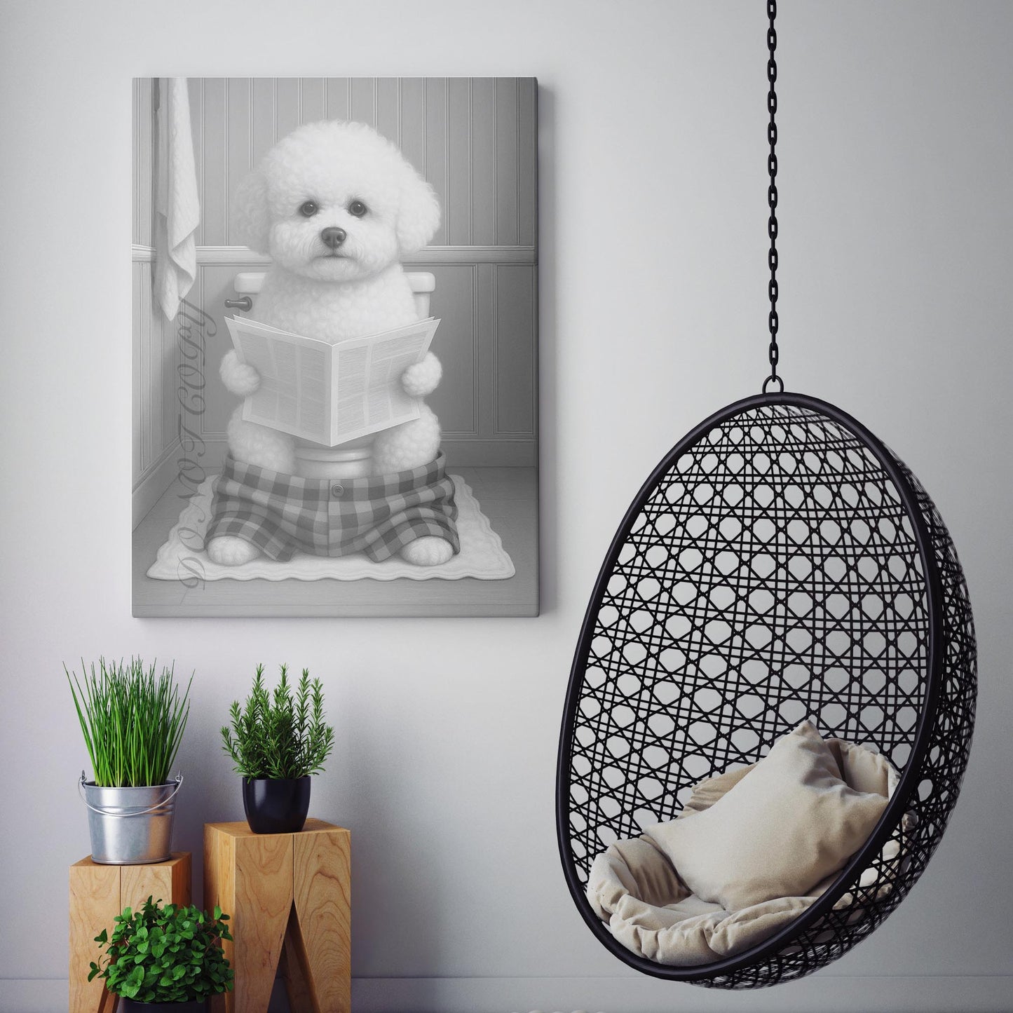 Bichon Frise Dog Reading The Newspaper On The Toilet