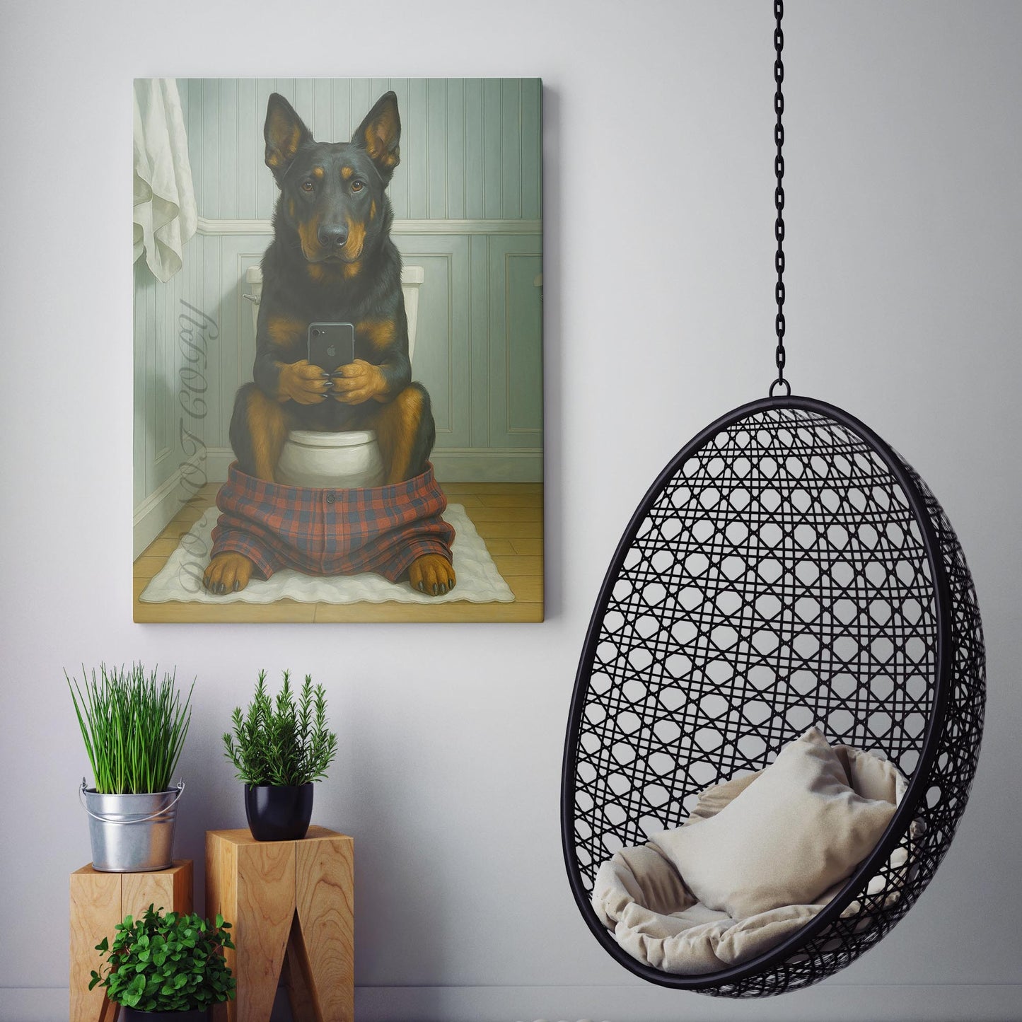 Beauceron Dog On The Phone On The Toilet