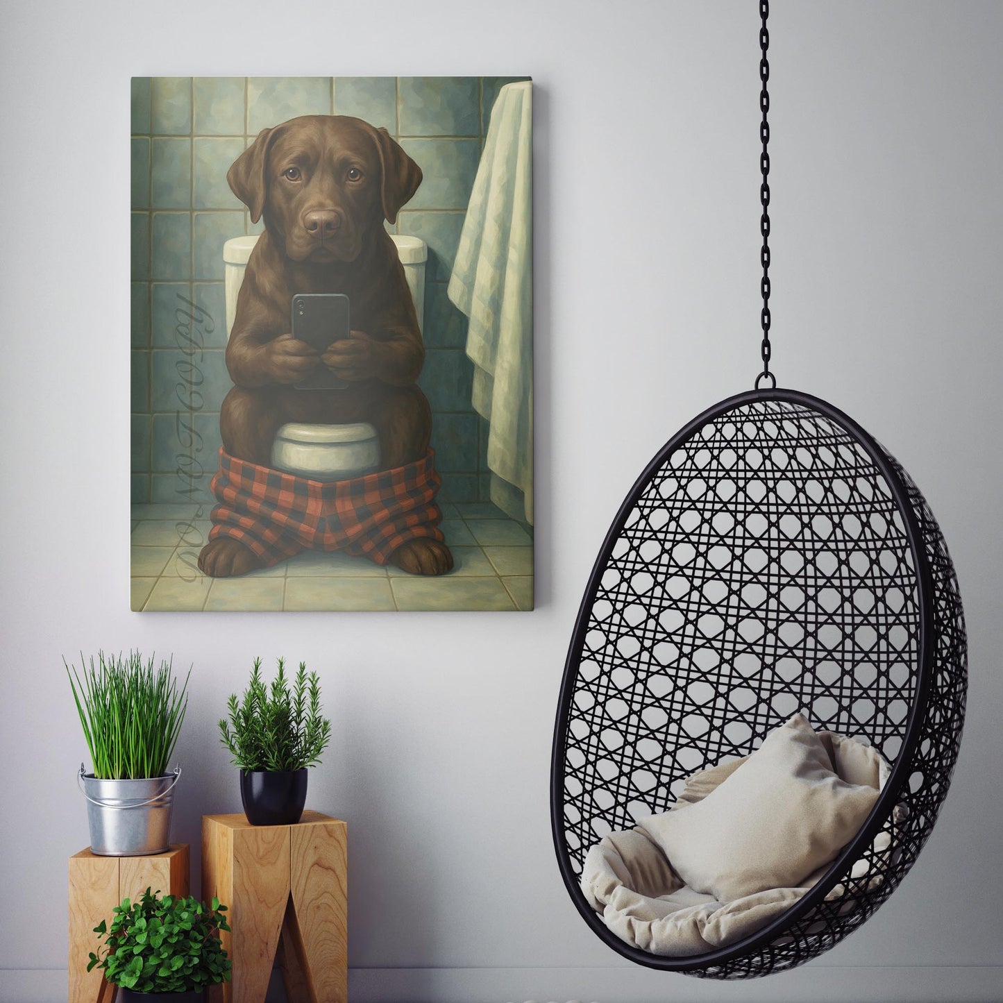 Chocolate Labrador Retriever Dog On The Phone On The Toilet