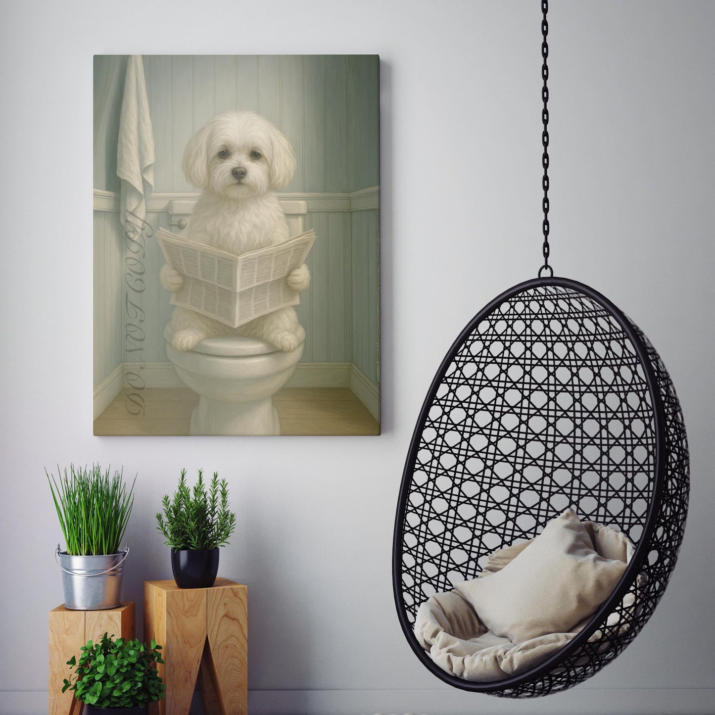 Maltese Dog On The Toilet Reading The Newspaper