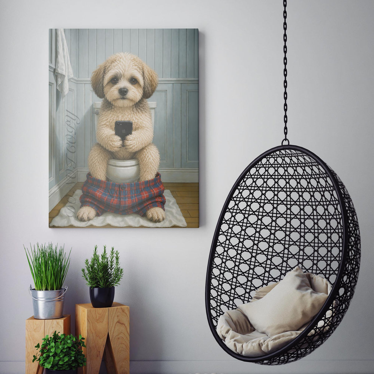 Shih-Poo Dog On The Phone On The Toilet