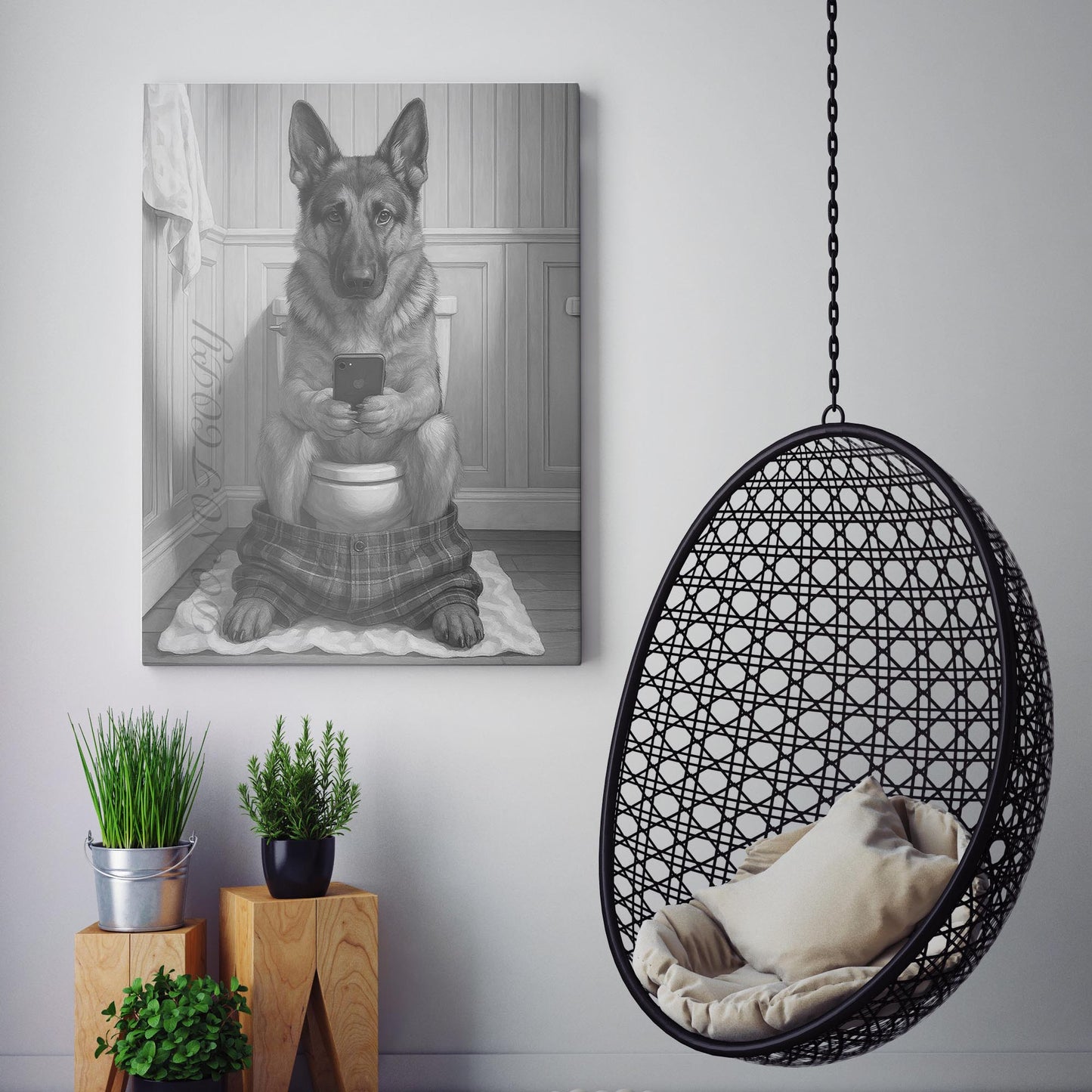 German Shepherd Dog On The Phone On The Toilet