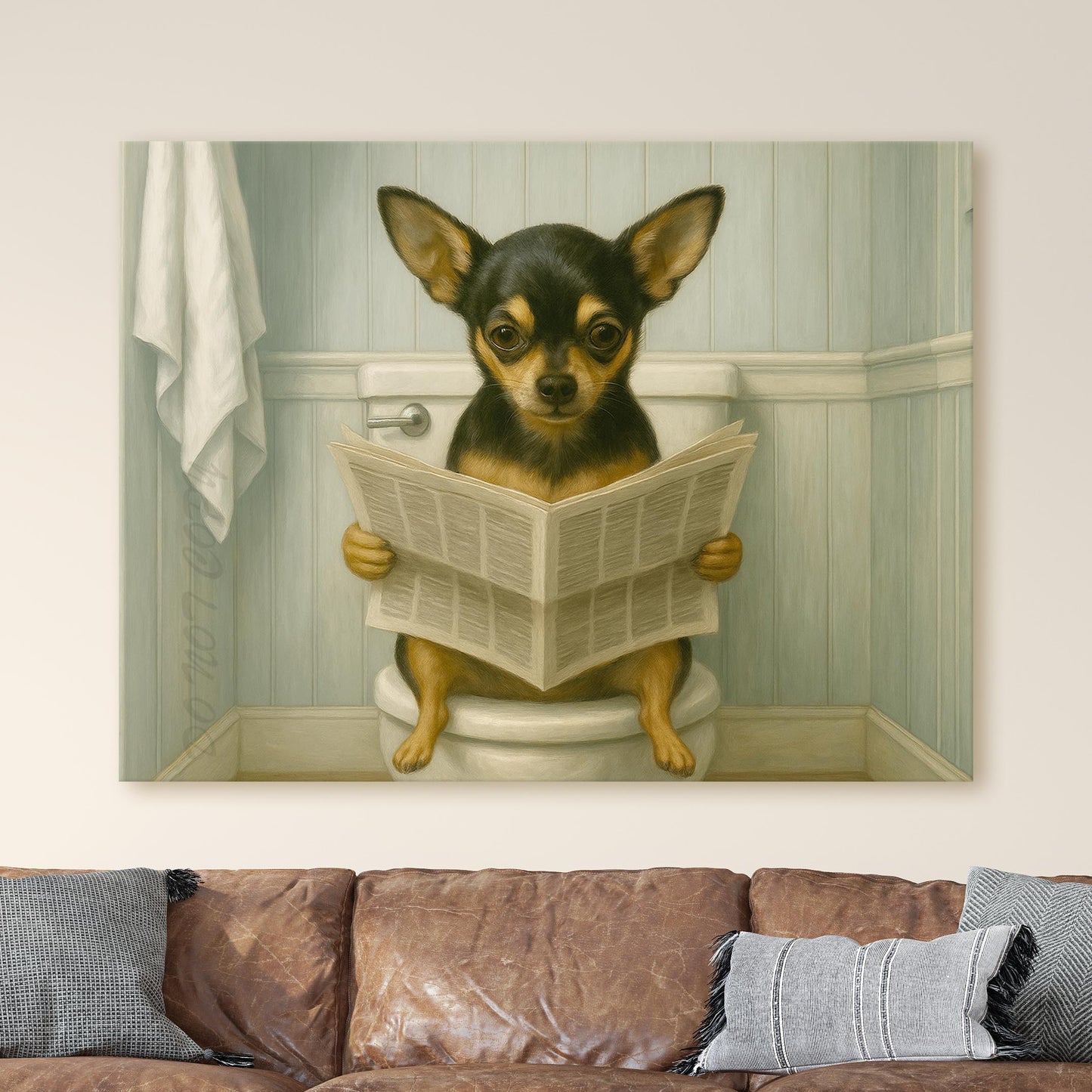 Chihuahua Dog Reading The Newspaper On The Toilet