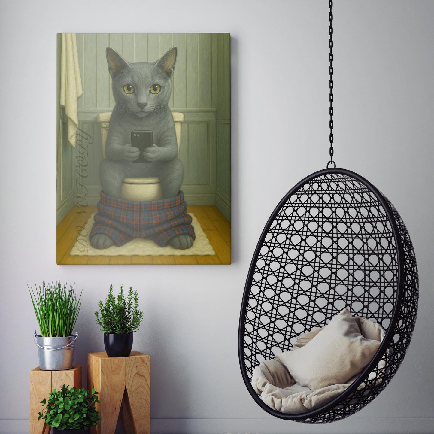 Russian Blue Cat On The Phone On The Toilet