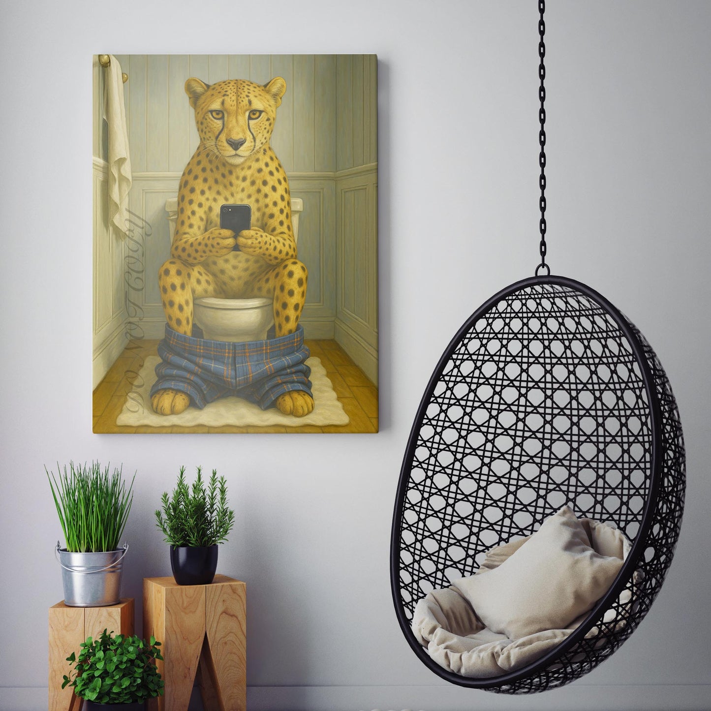 Cheetah On The Phone On The Toilet