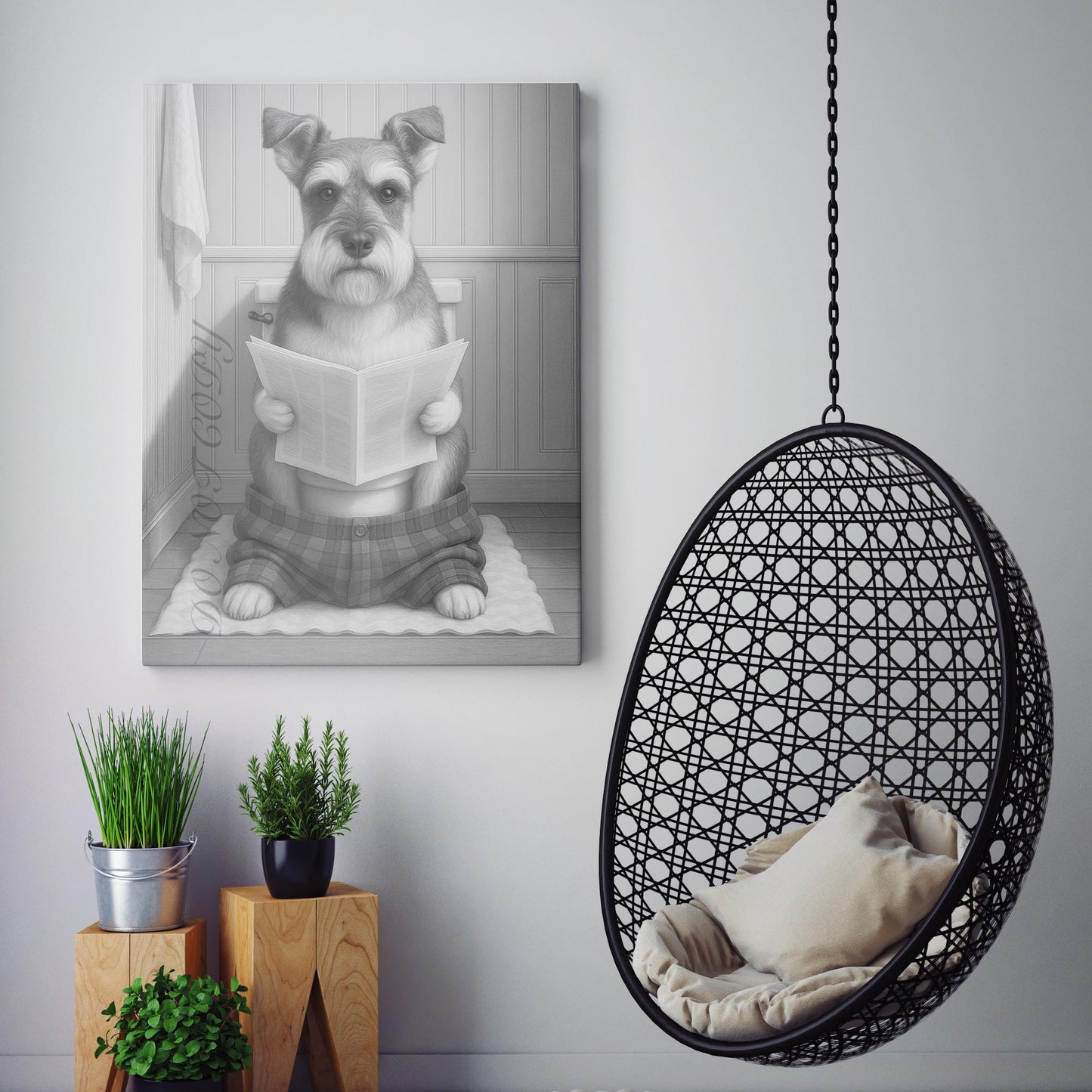Schnauzer Dog Reading The Newspaper On The Toilet