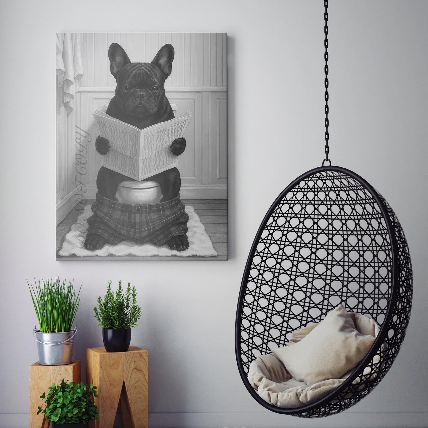 French Bulldog Reading The Newspaper On The Toilet