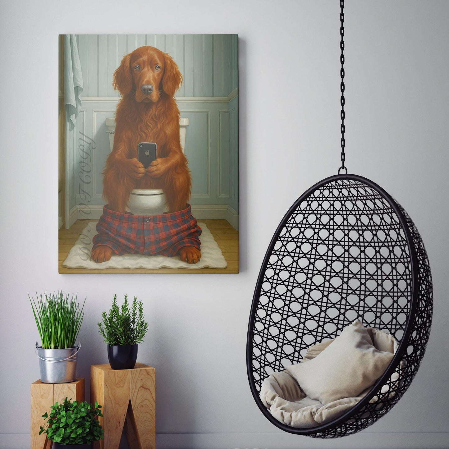 Irish Setter Dog On The Phone On The Toilet