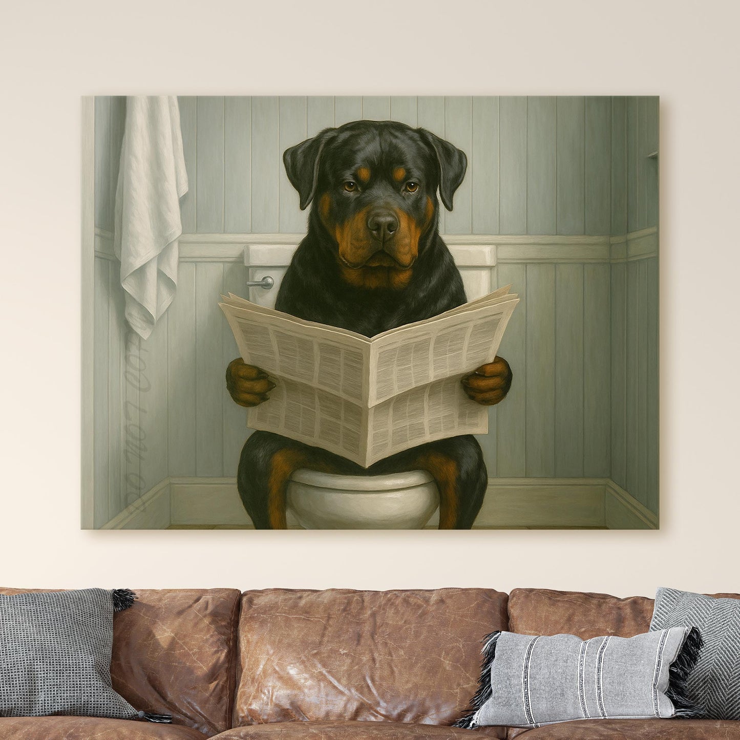 Rottweiler Reading The Newspaper On The Toilet