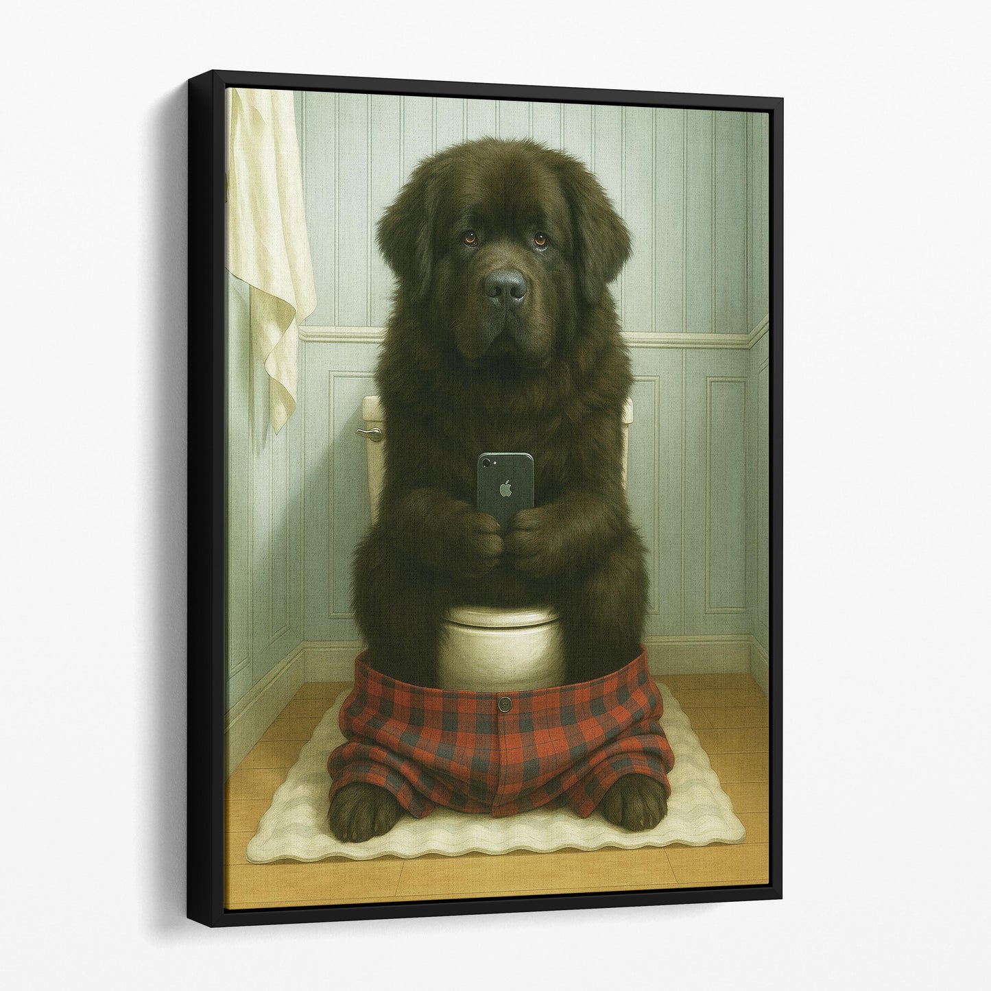 Newfoundland Dog On The Phone On The Toilet