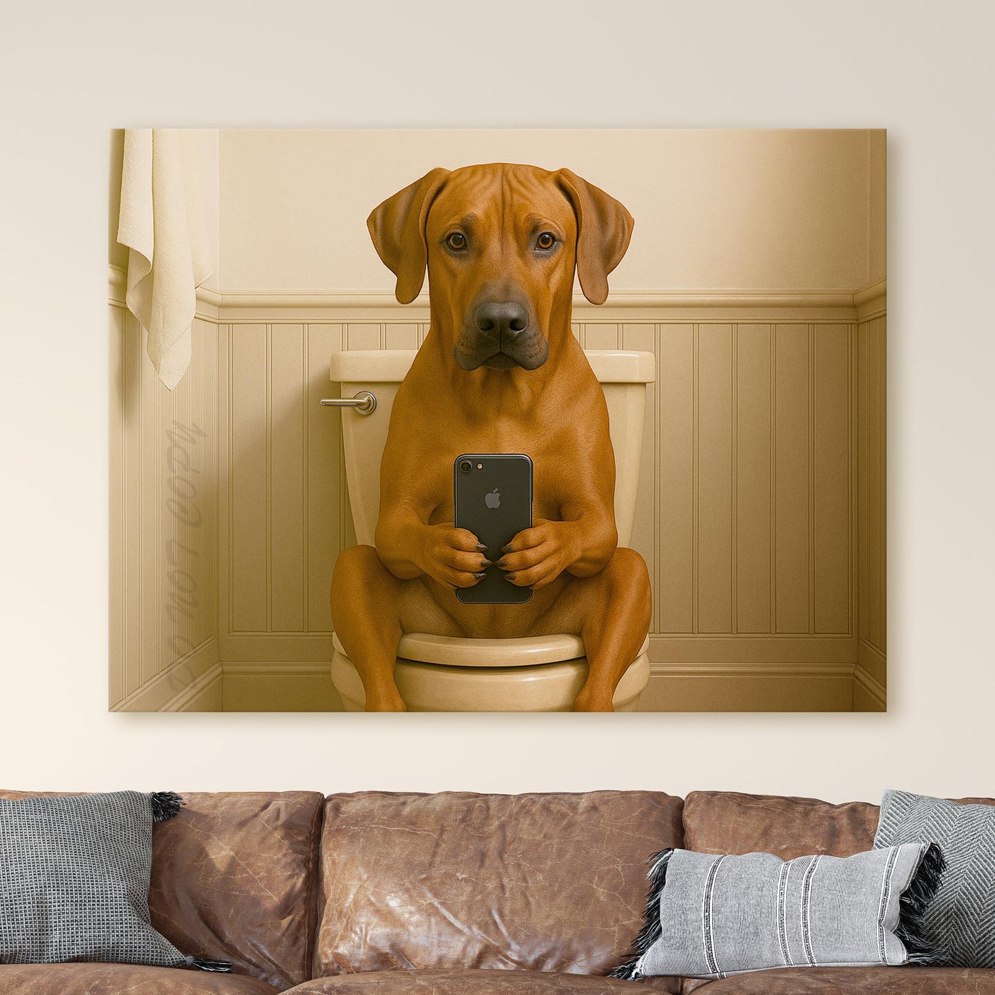 Rhodesian Ridgeback Dog On The Phone On The Toilet