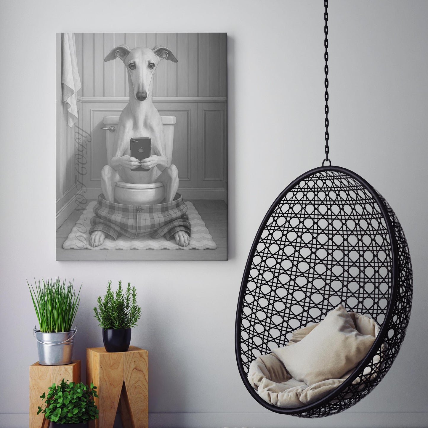 Greyhound Dog On The Phone On The Toilet