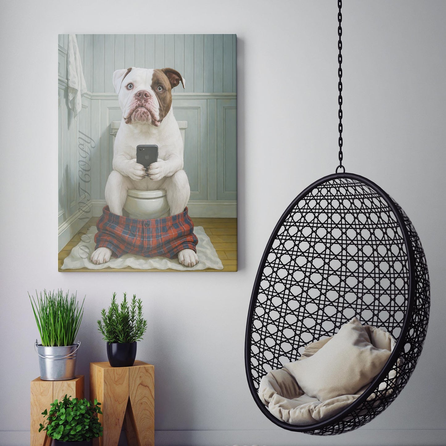 American Pitbull Dog On The Phone On The Toilet