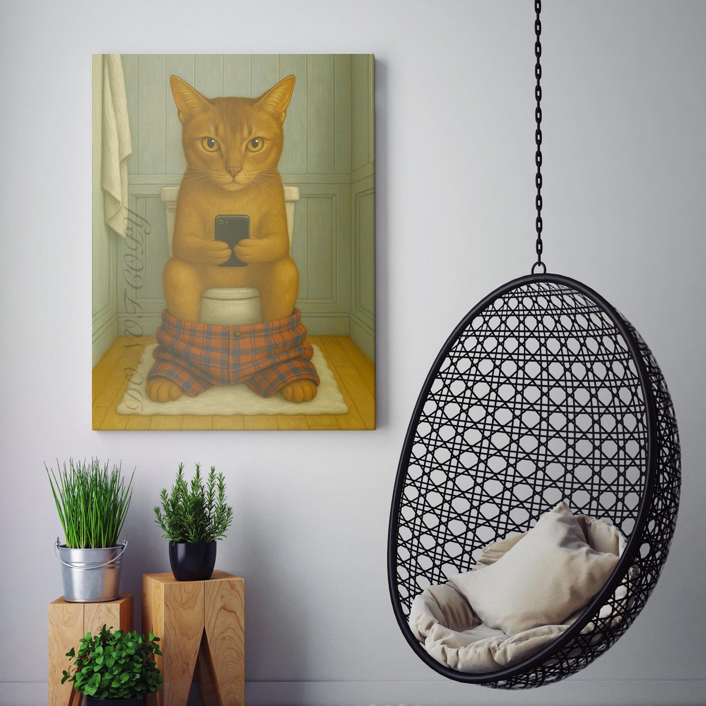 Abyssinian Cat On The Phone On The Toilet