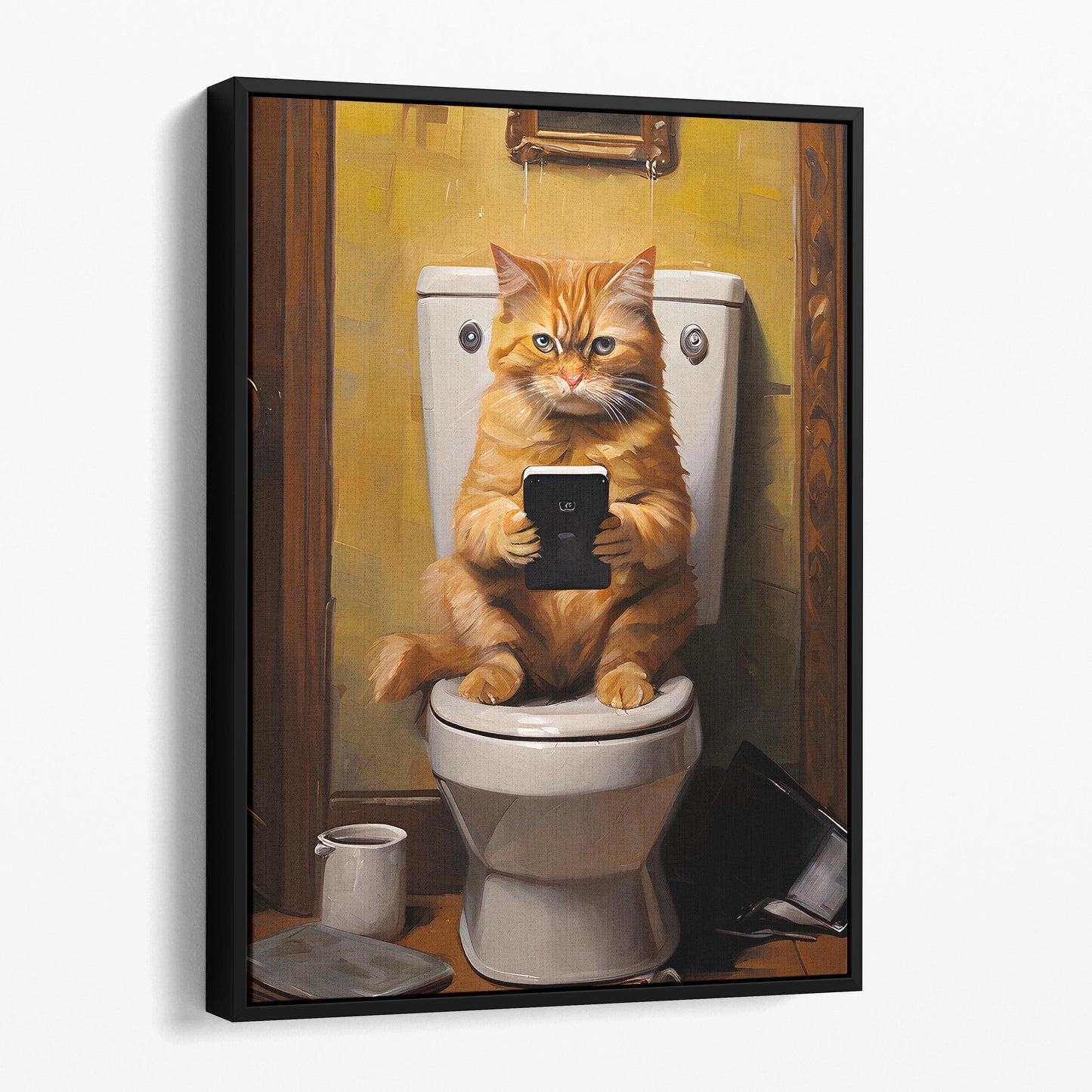 Cat On Phone On The Toilet