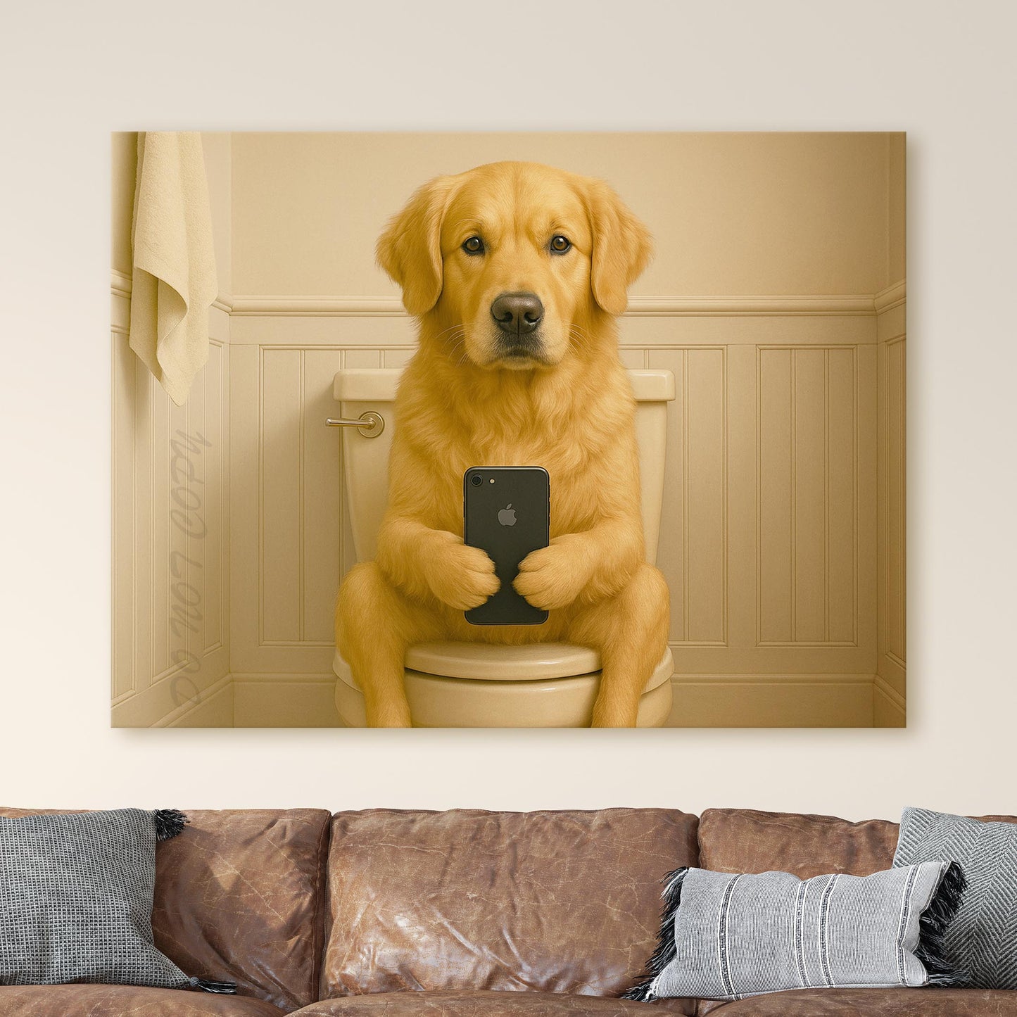 Golden Retriever Dog On The Phone On The Toilet