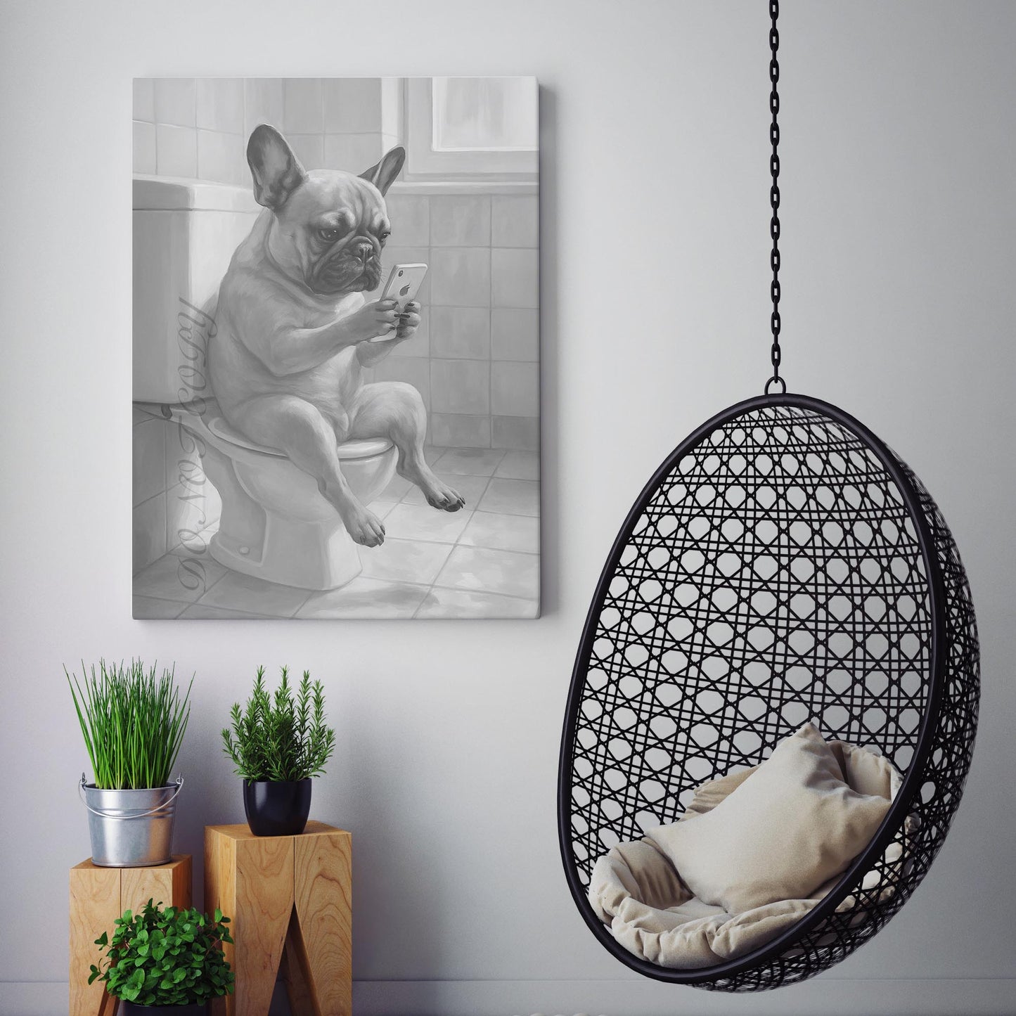 French Bulldog On The Phone On The Toilet