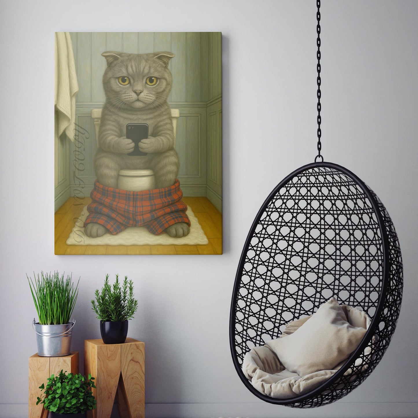 Scottish Fold Cat On The Phone On The Toilet