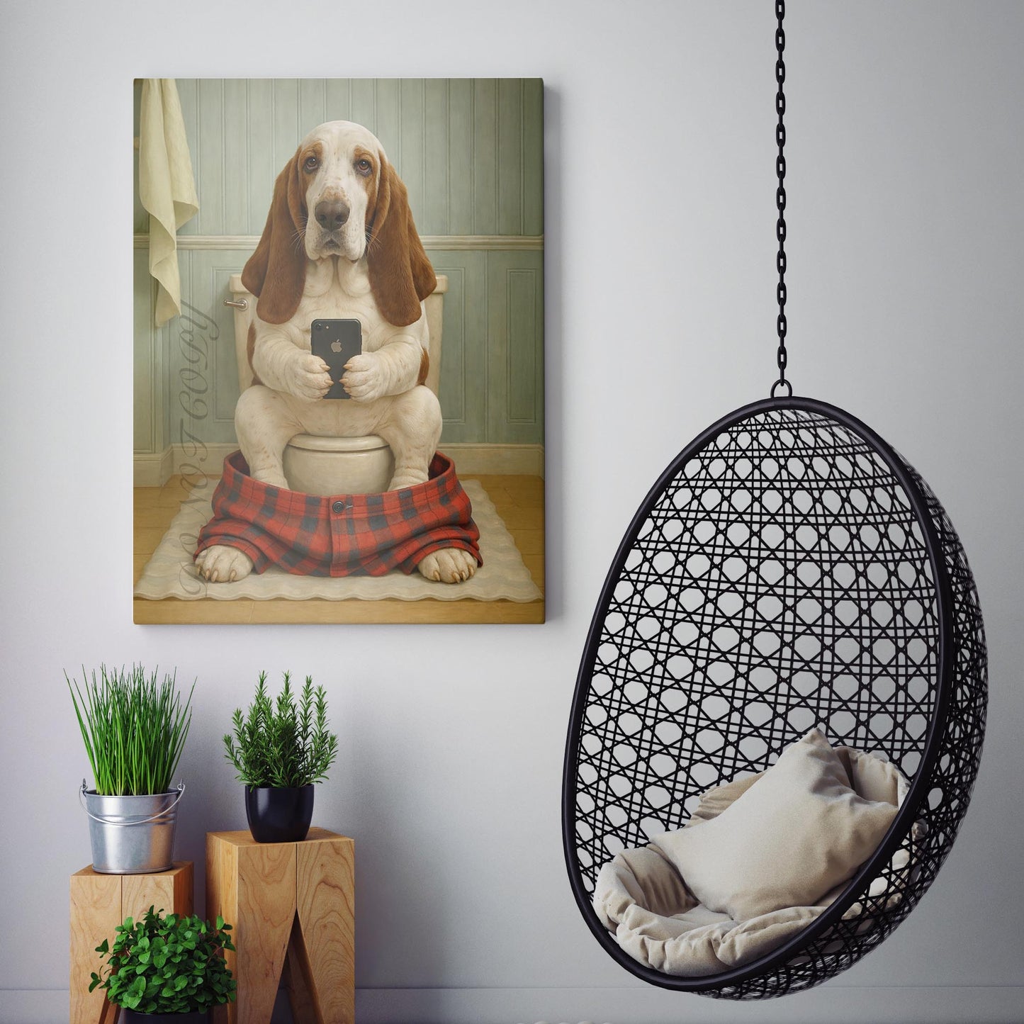 Basset Hound On The Phone On The Toilet