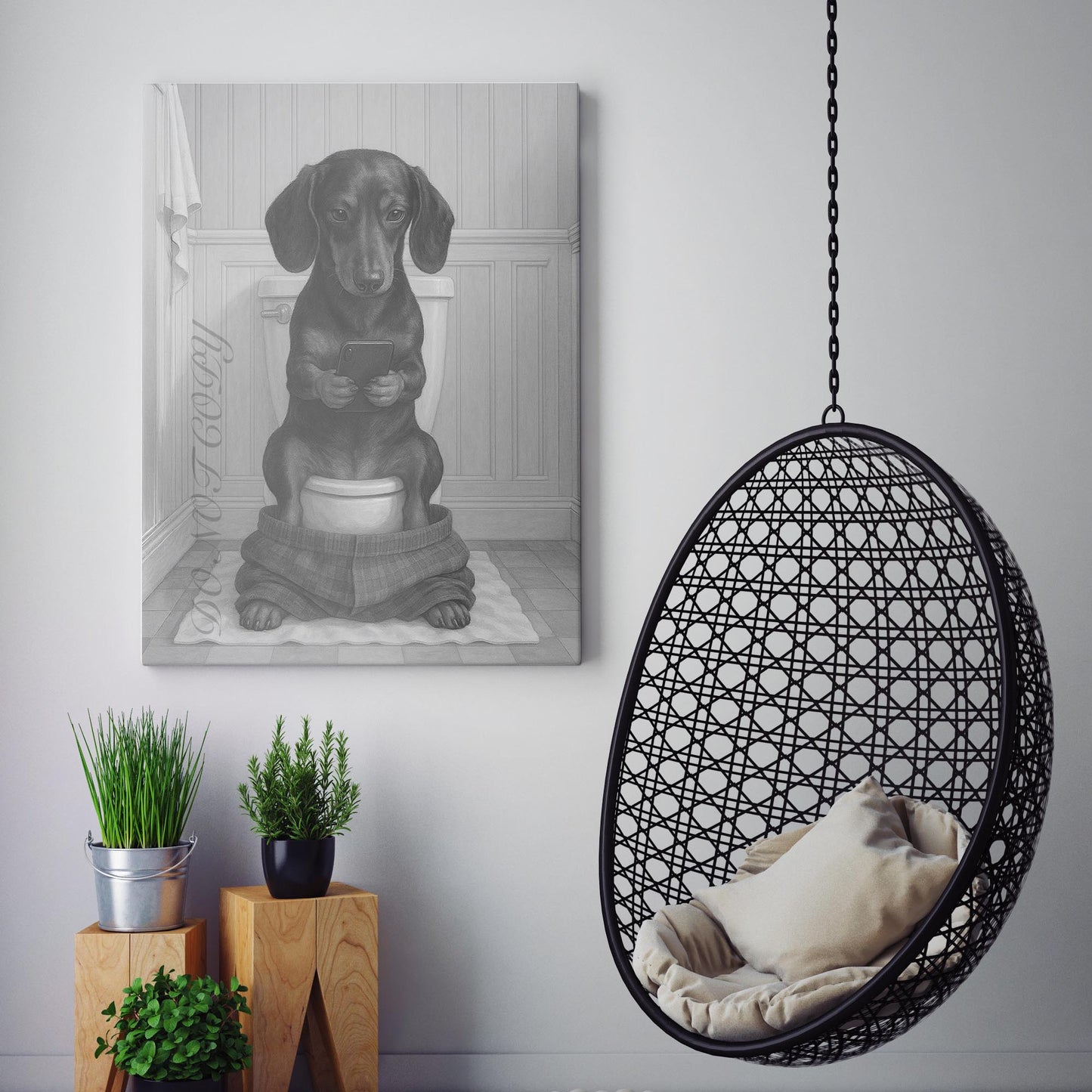 Dachshund Dog On The Phone On The Toilet