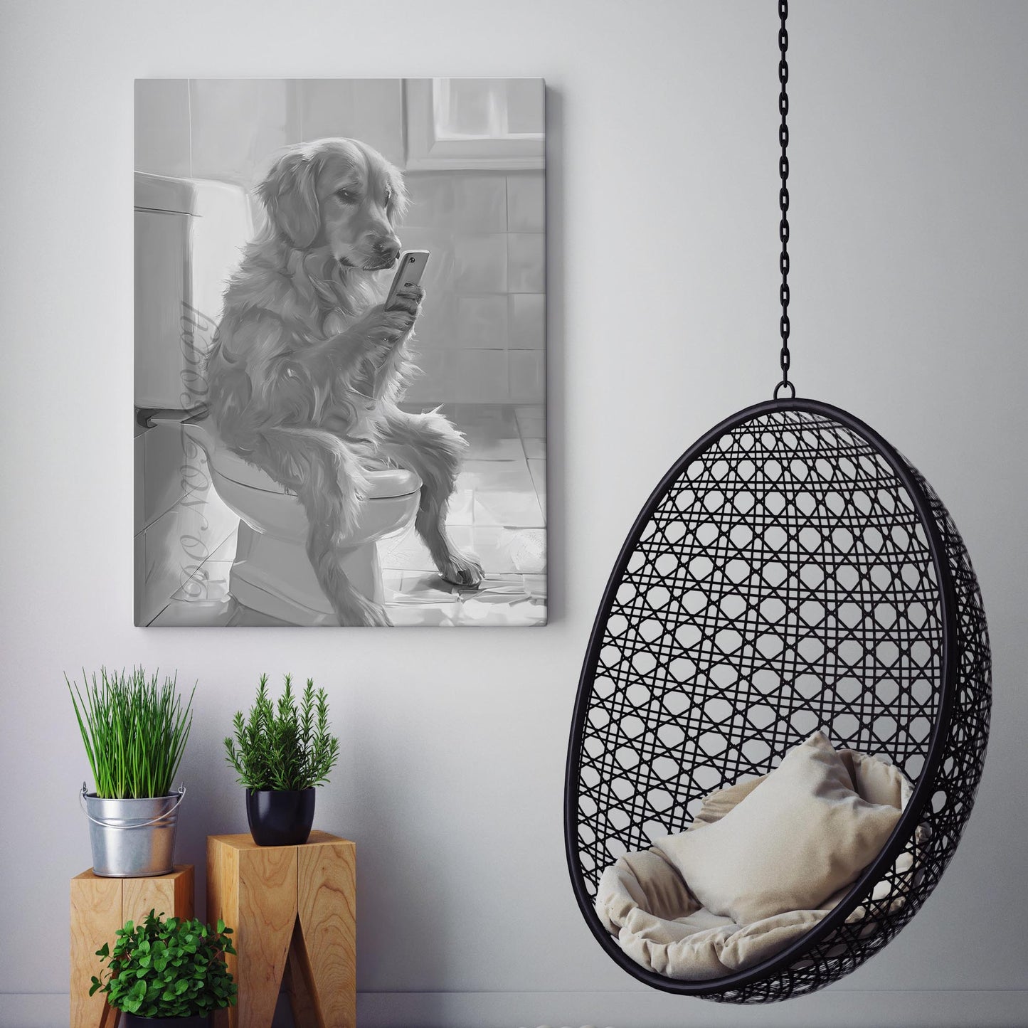 Golden Retriever On The Toilet On The Phone