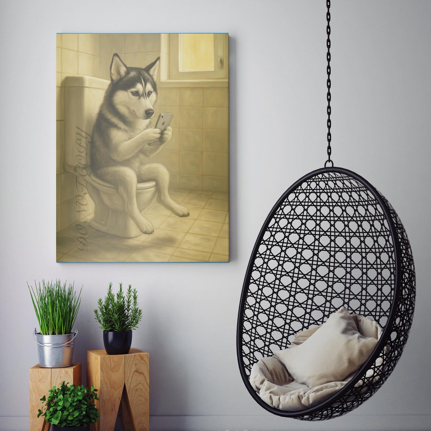 Siberian Husky Dog On The Phone On The Toilet