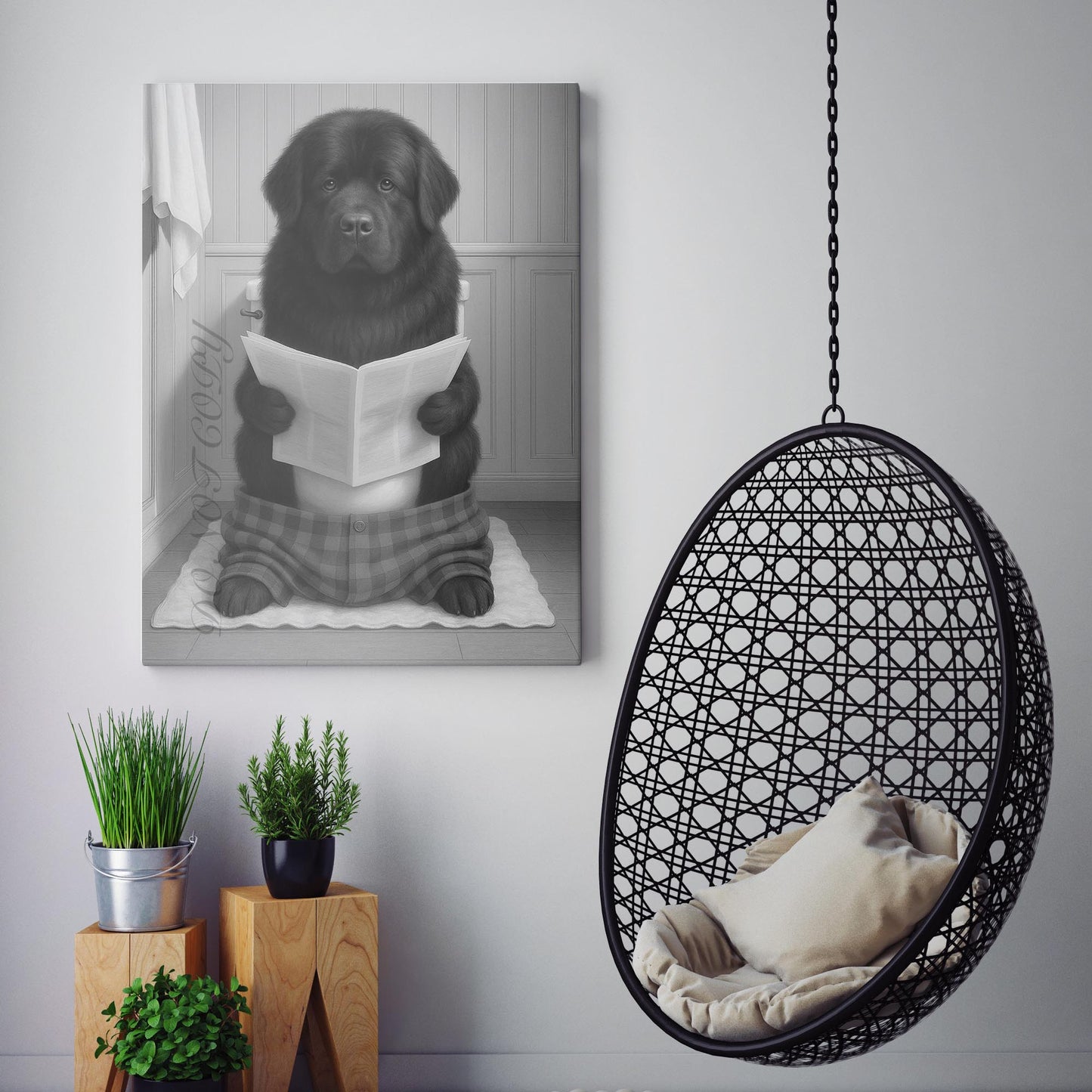 Newfoundland Dog Reading The Newspaper On The Toilet