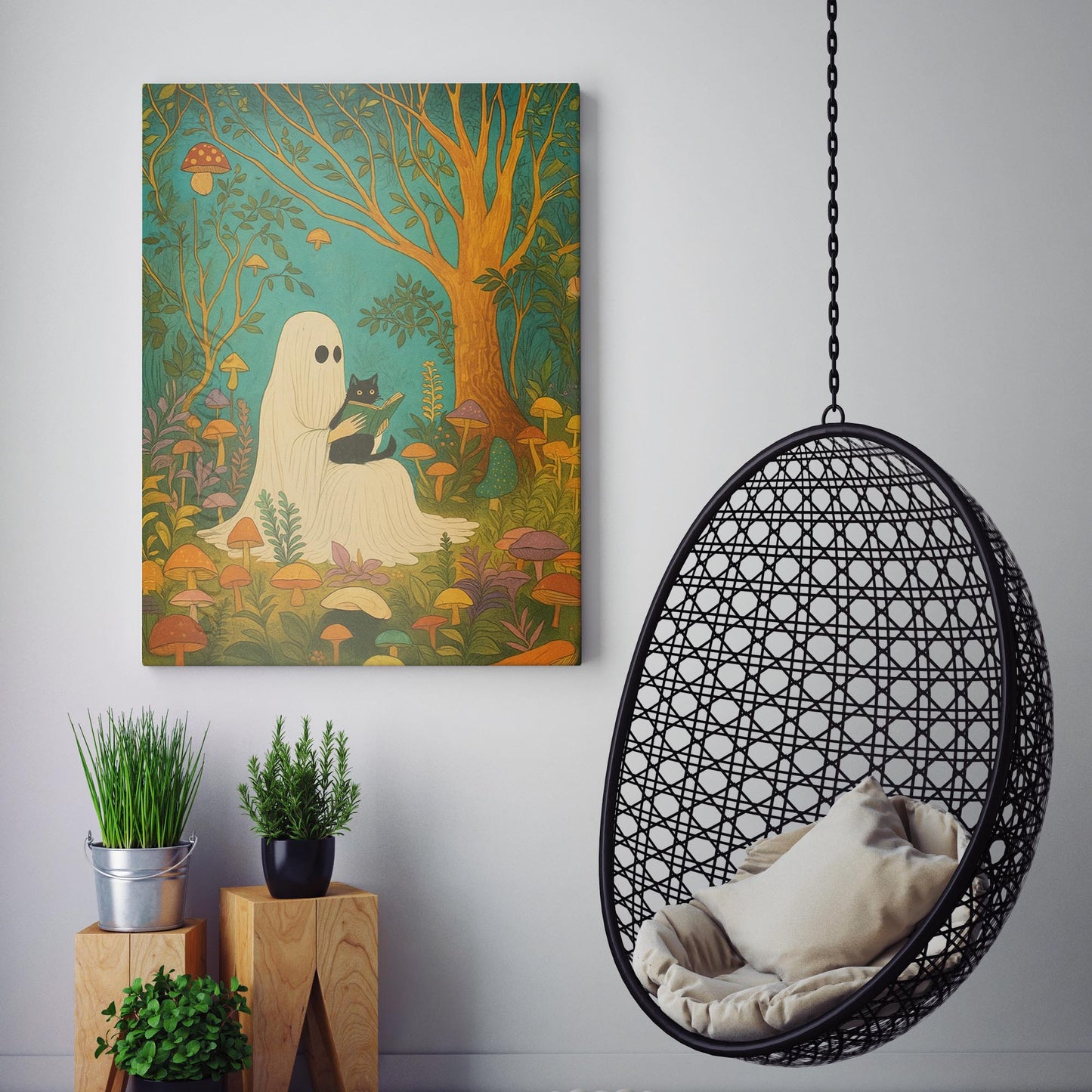 Ghost Reading With A Black Cat In A Mushroom Forest