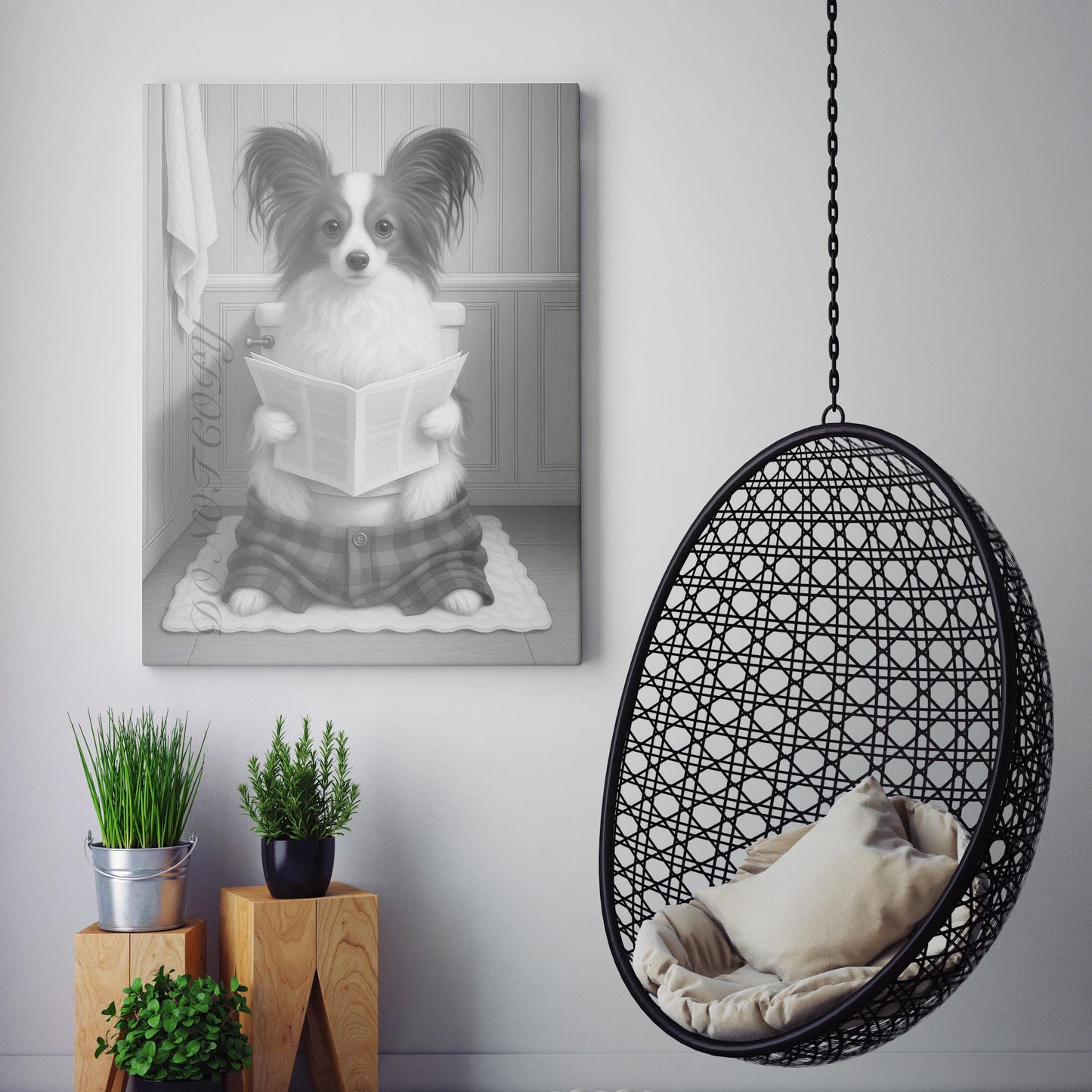 Papillon Dog Reading The Newspaper On The Toilet