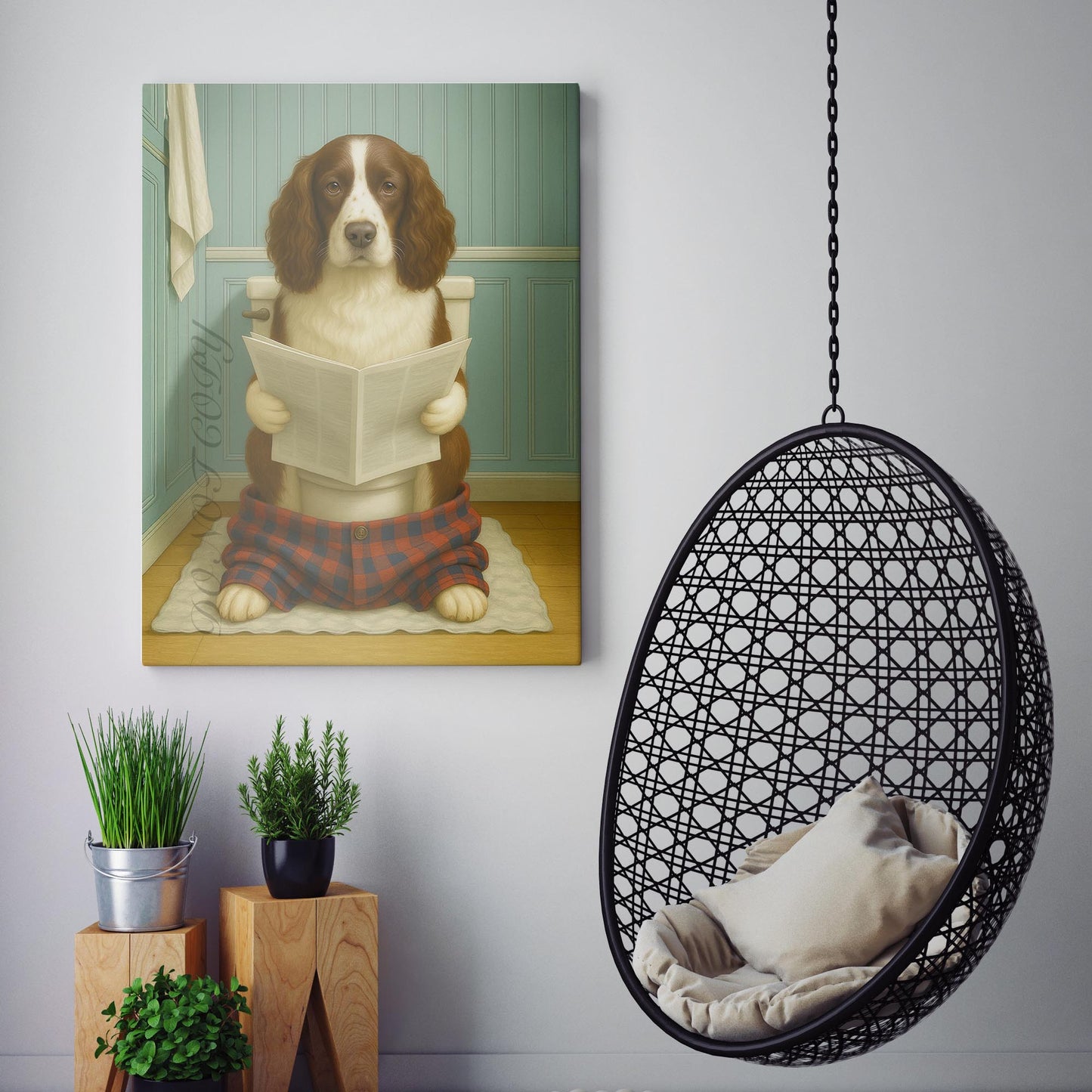 English Springer Spaniel Dog Reading The Newspaper On The Toilet