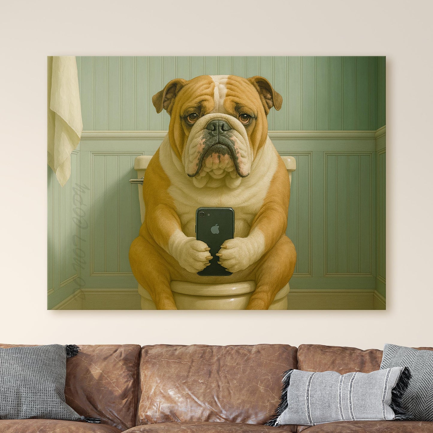 Bulldog On The Phone On The Toilet