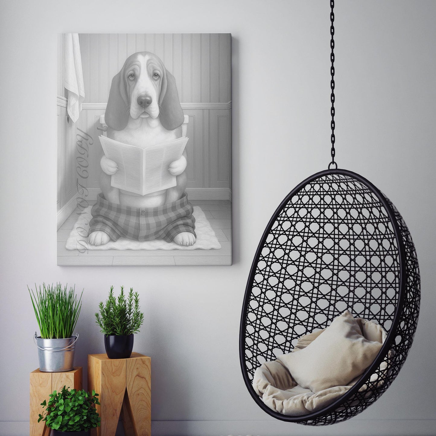 Basset Hound Dog Reading The Newspaper On The Toilet