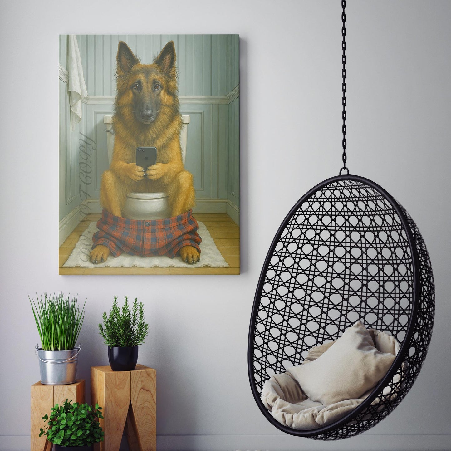 Belgian Tervuren Dog On The Phone On The Toilet