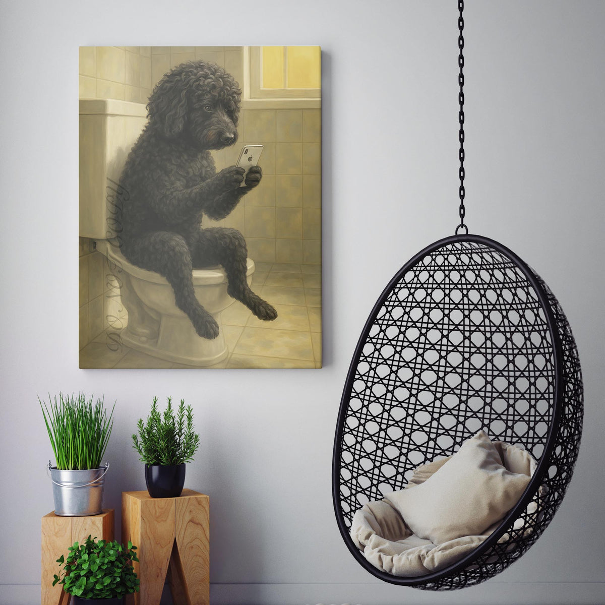 Portuguese Water Dog On The Phone On The Toilet