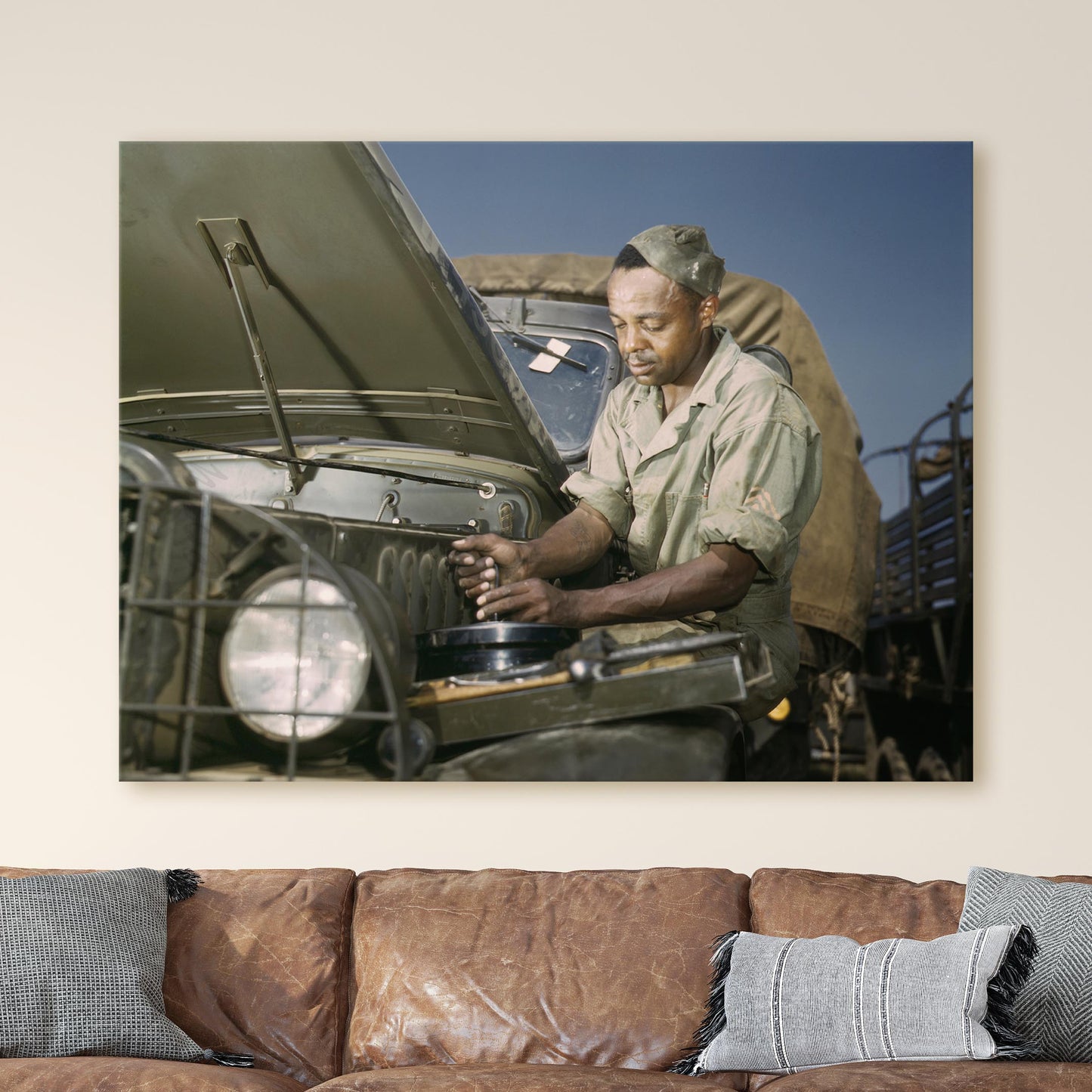 African American Mechanic Servicing a Jeep, World War Two