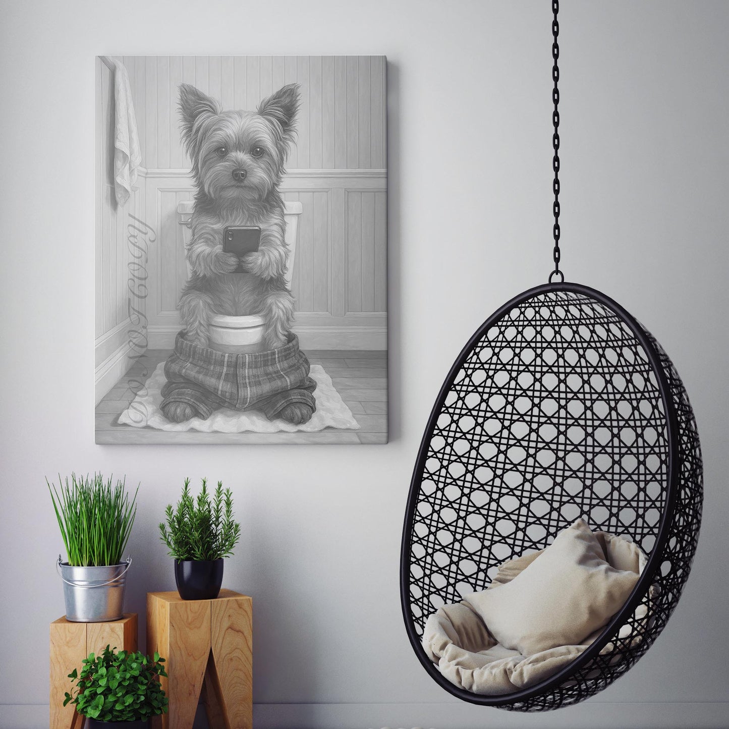 Yorkshire Terrier Dog On The Phone On The Toilet