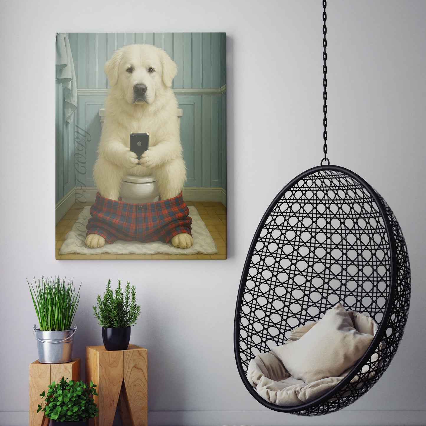 Great Pyrenees Dog On The Phone On The Toilet