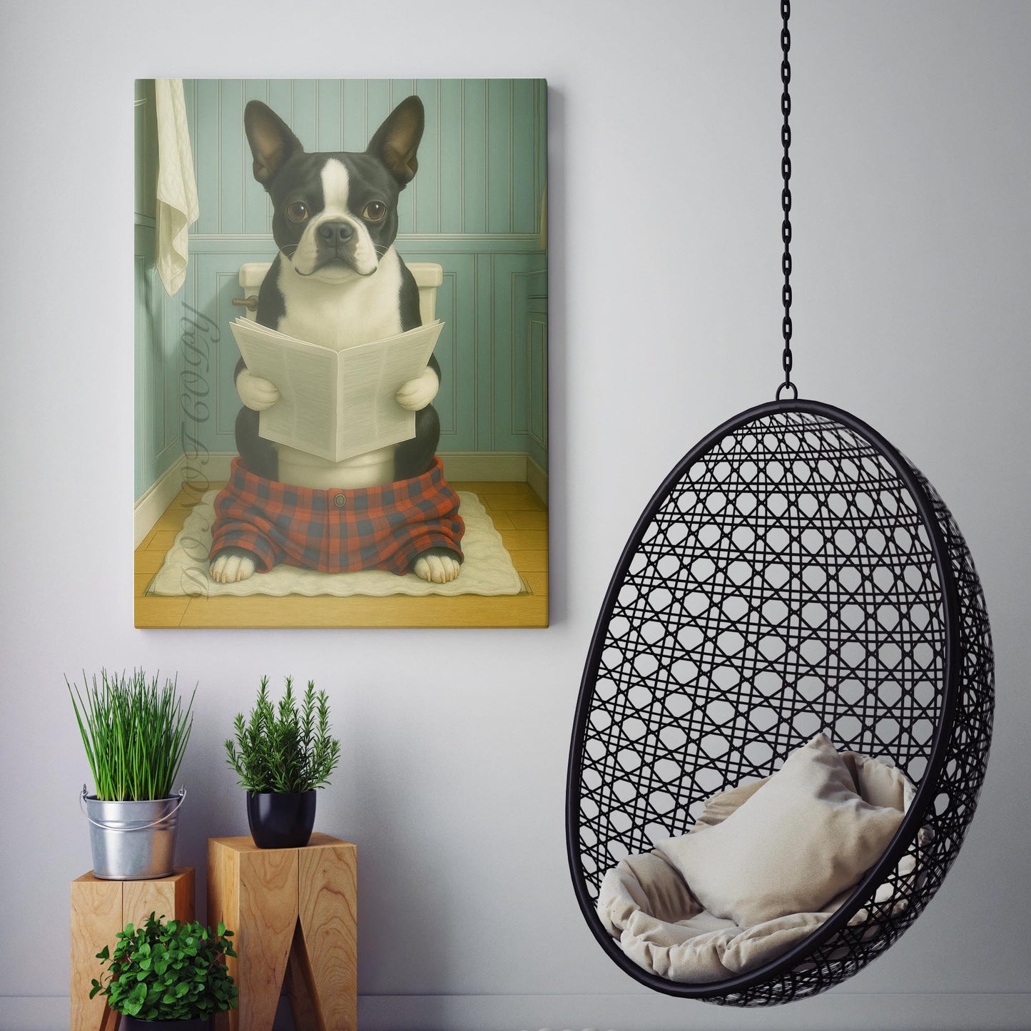 Boston Terrier Dog Reading The Newspaper On The Toilet