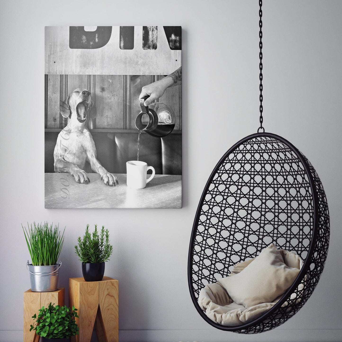 Dog Yawning Over Morning Coffee