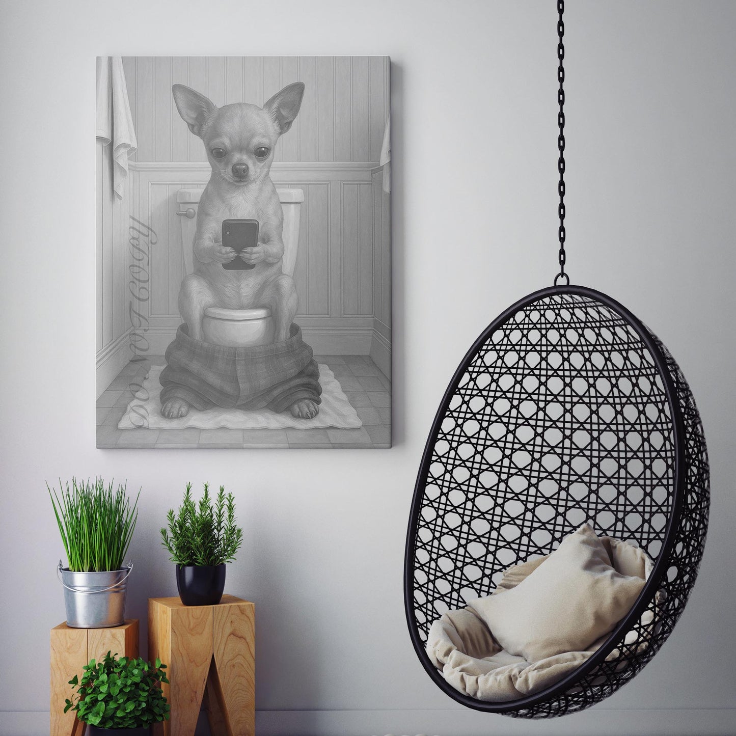 Chihuahua Dog On The Phone On The Toilet